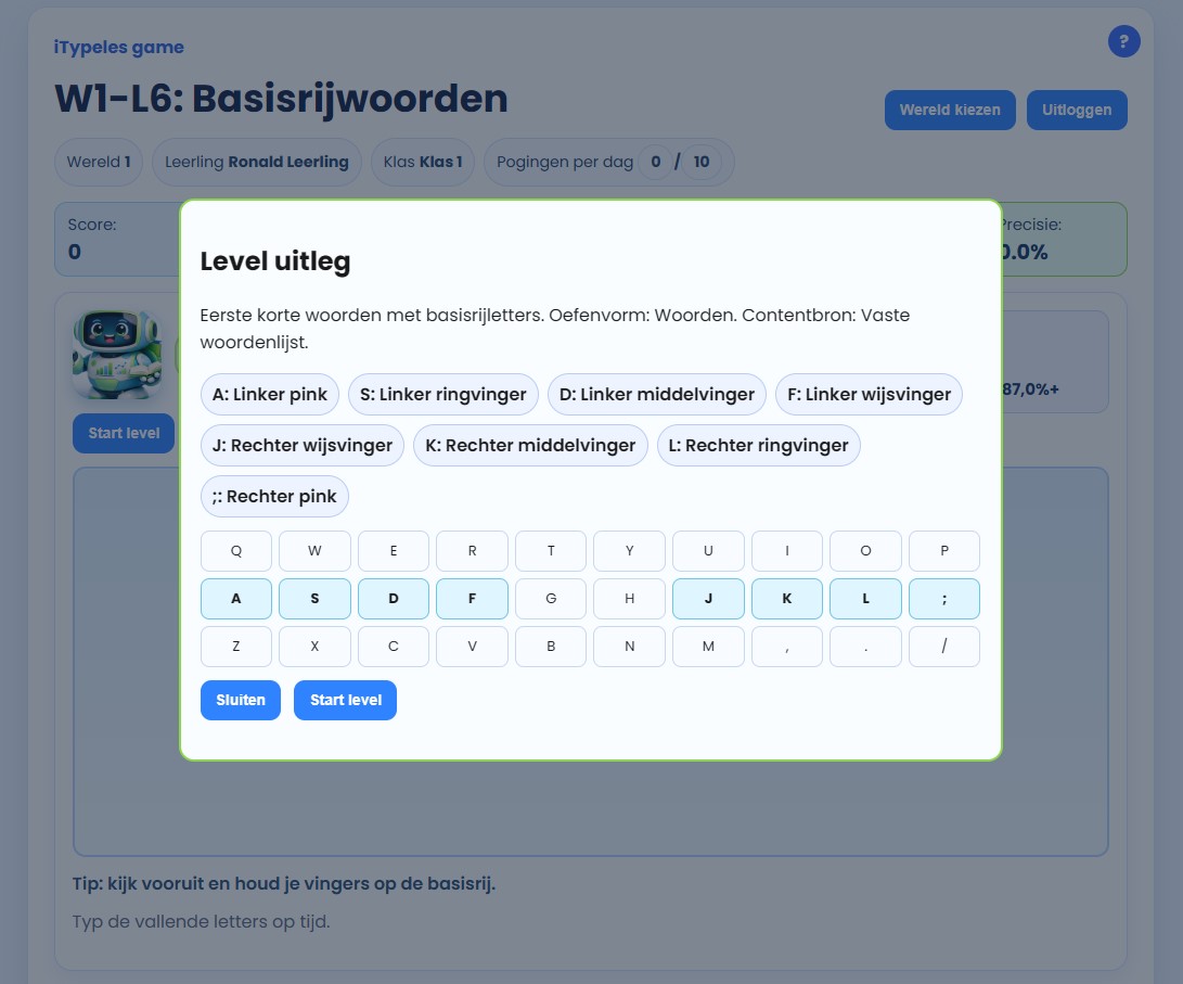 Screenshot typecursus met toetsenbord en oefeningen